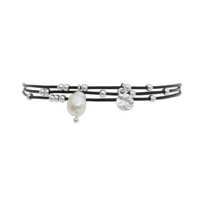 Pulsera plateada, cuero y perlas